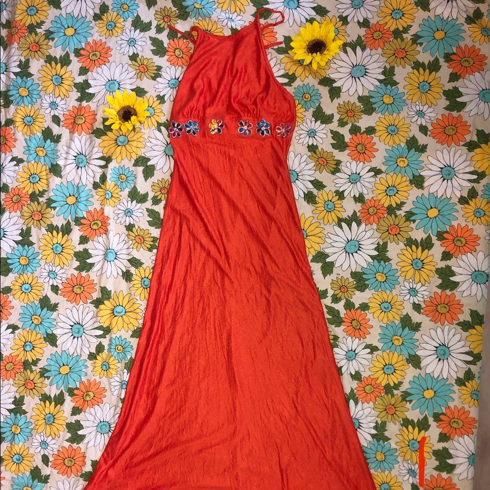 Cute vintage halter top terry cloth orange hippie maxi dress 60s 70s psychedelic